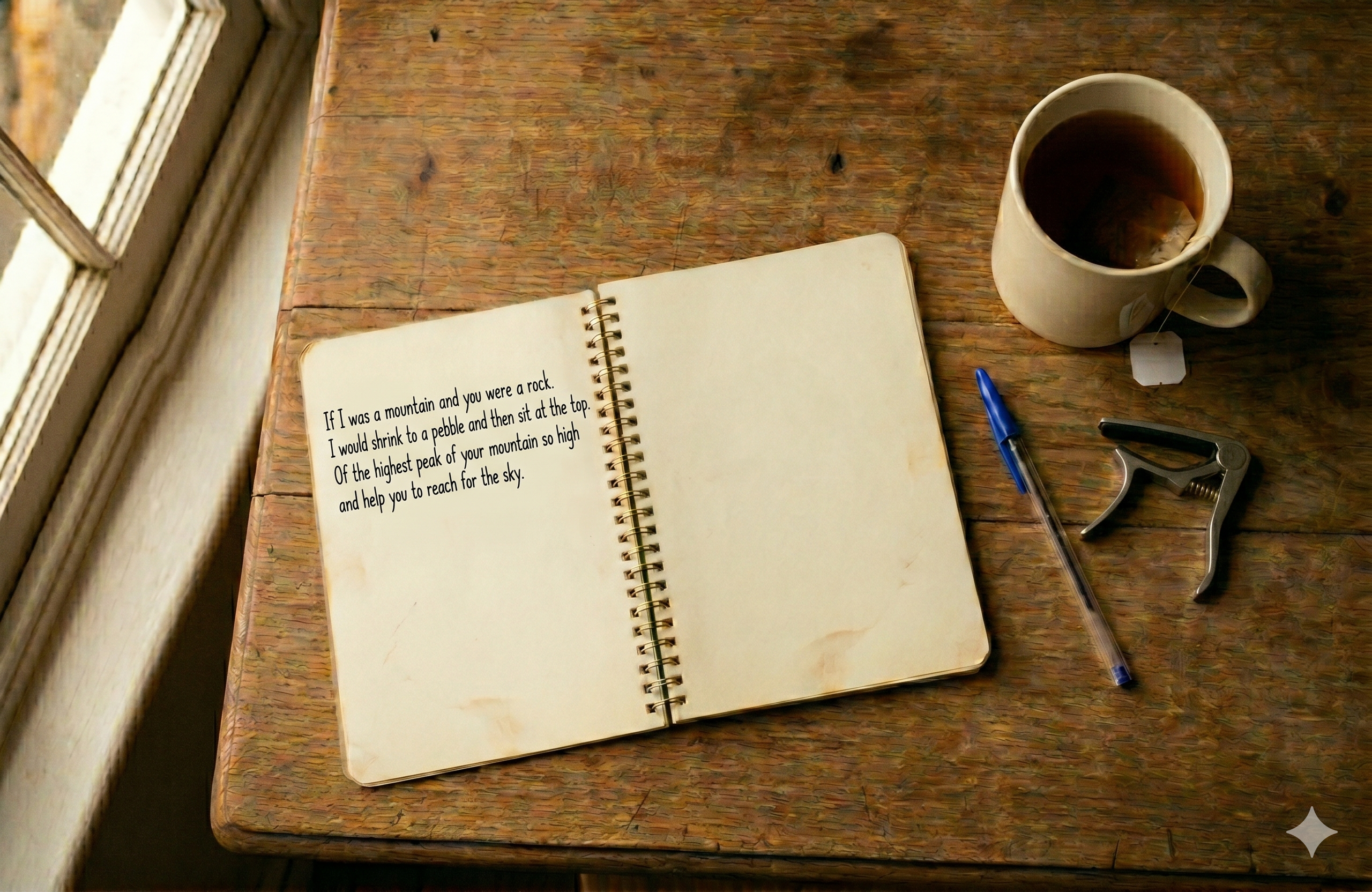Notebook, pen and capo on a wooden desk